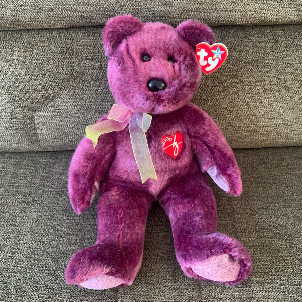 Ty Beanie Baby Plush Purple Bear with Heart Tag Buddy - 2000  SIGNATURE 14” MWMT